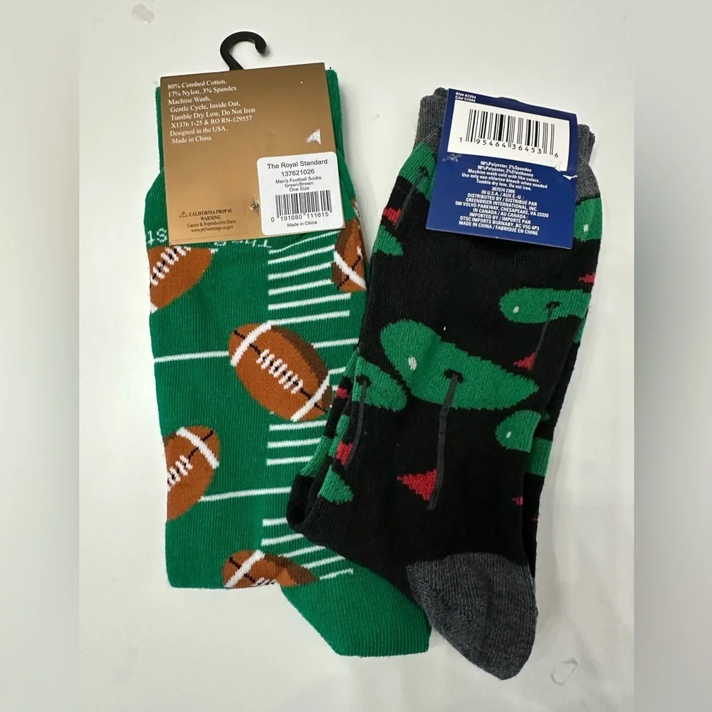 Football and Golf Dress Crew Socks‎ 2pk 6-12 Green Black Novelty